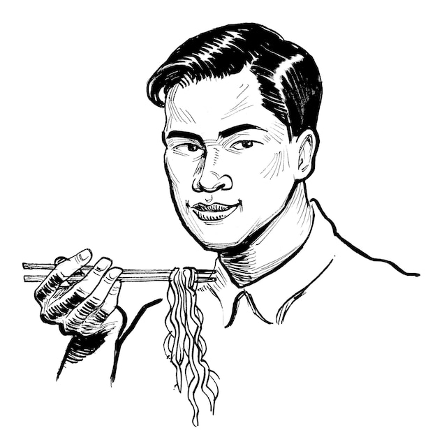 Photo a man holding noodles with chopsticks on it ink black and white drawing