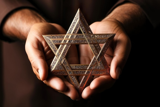 A man holding an old and rusty star of David in their hands