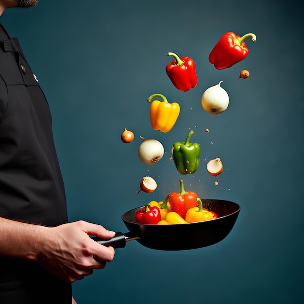 Photo a man holding a pan of peppers and a black pan with a blue background