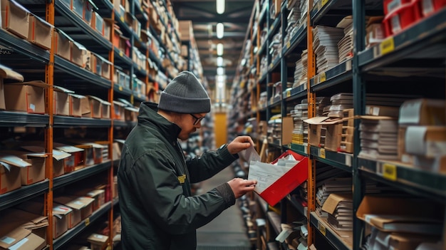 Man Holding Paper in Warehouse