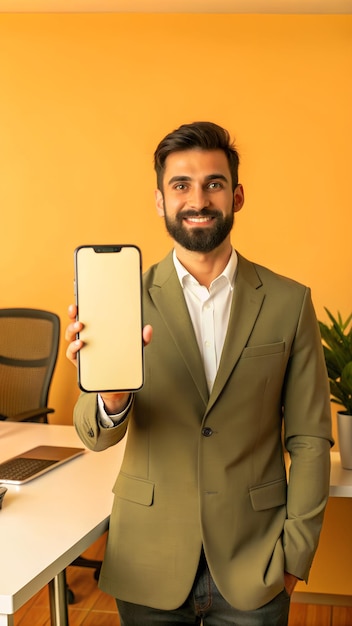 a man holding a phone black screen white mockup