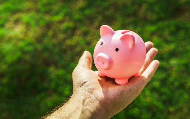 A man holding a piggy bank in his hand and a green grass in the background