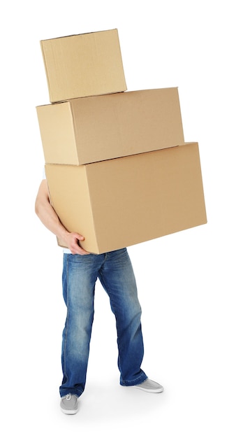 Man holding pile of carton boxes on white