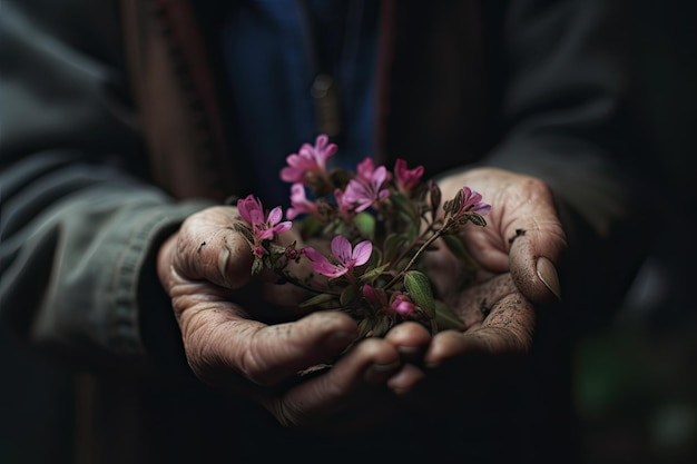 A man holding pink flowers in his hands