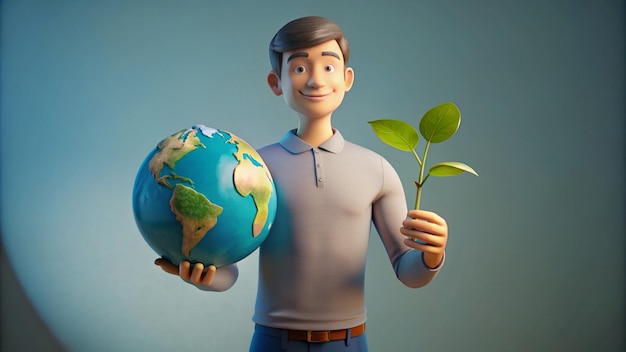 a man holding a plant and a globe with the world on it