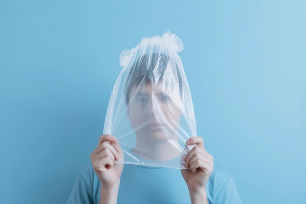 A man holding a plastic bag with a blue background International Plastic Bag Free Day