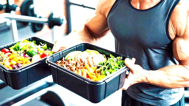 Photo man holding a plastic black container box with healthy fitness meal including white meat fresh gree