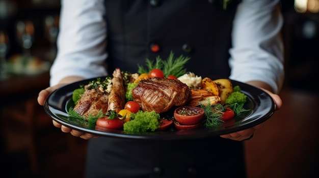 A man holding a plate of food with a plate of meat and vegetables.