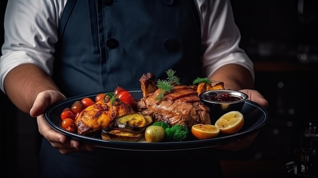 A man holding a plate of food with a plate of meat and vegetables.