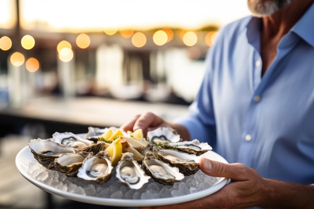 A man holding a plate of oysters