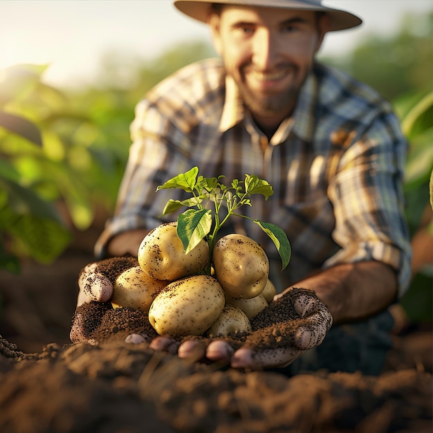 a man holding potatoes with a hat that says quot potato quot on it