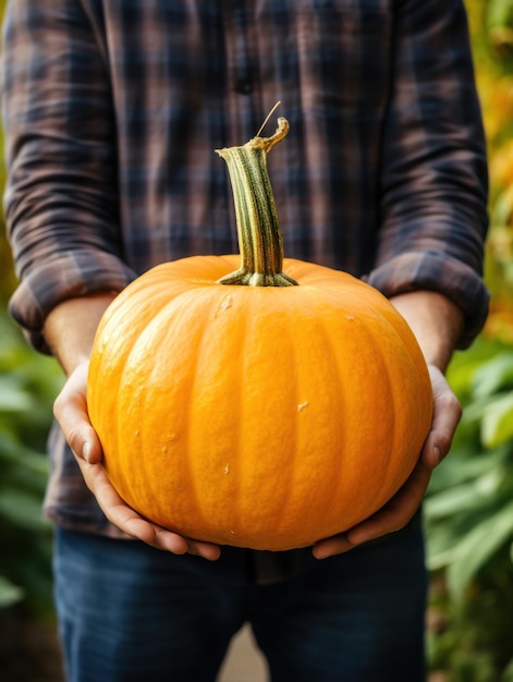 Man holding a pumpkin in her hands closeupchoose a pumpkin for Halloween in the garden