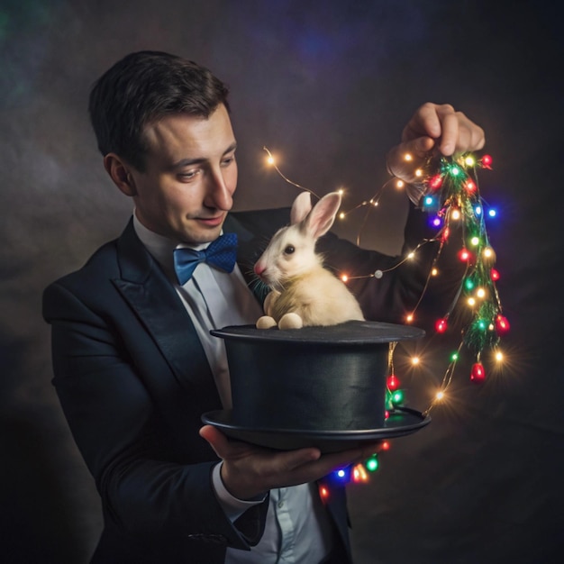 Photo a man holding a rabbit and a black hat with lights around him