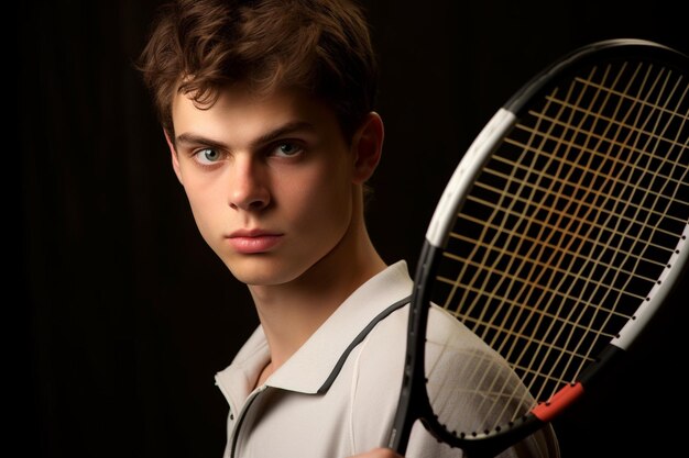 Photo man holding racket focused on his next move