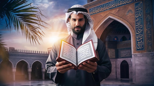 Man holding and reading quran islamic background