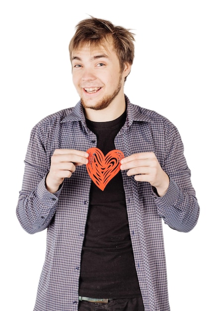 Man holding a red heart on his hand isolated on a white background