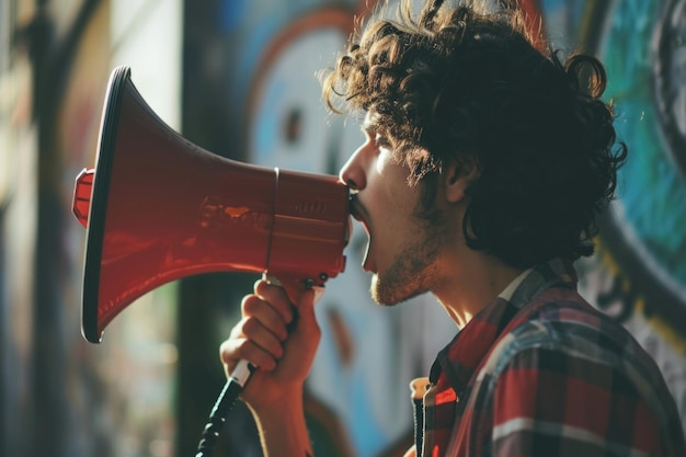 Photo a man holding a red megaphone in his hand great for advertising and communication concepts