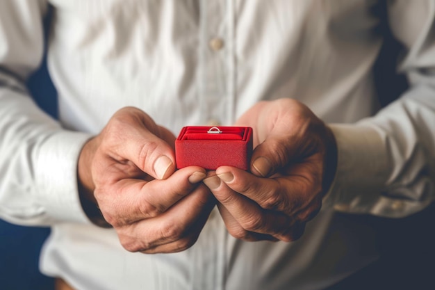 Photo a man holding a red ring box