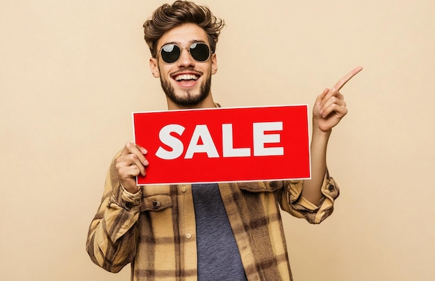 a man holding a red sign that says sale on it