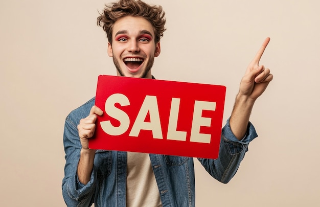 a man holding a red sign that says sale on it