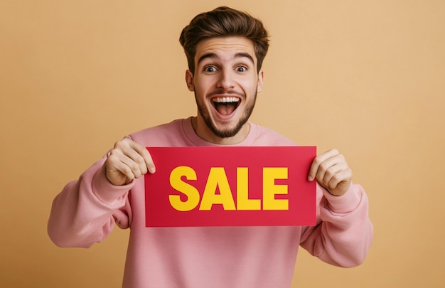 a man holding a red sign that says sale on it