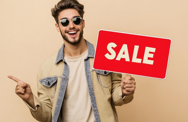 a man holding a red sign that says sale on it