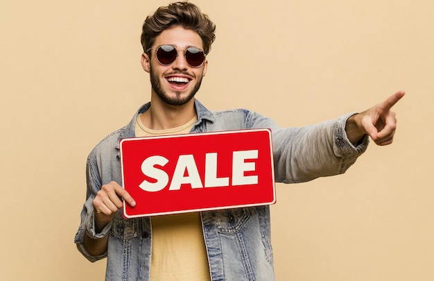 a man holding a red sign that says sale on it