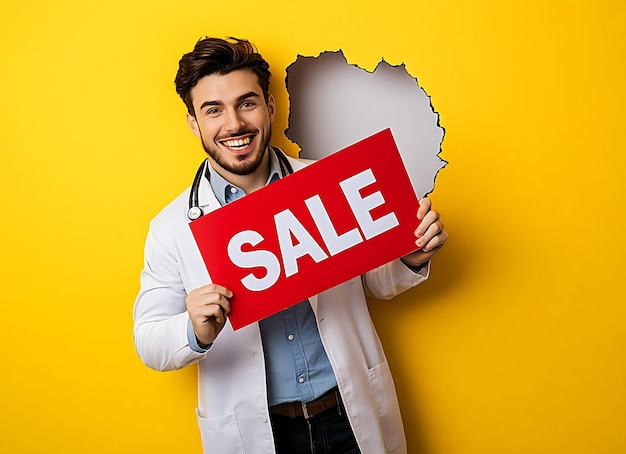 a man holding a red sign that says sale on it