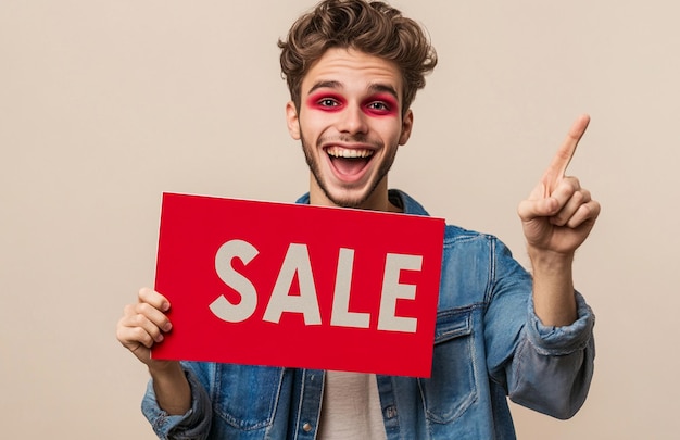 a man holding a red sign that says sale