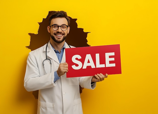 a man holding a red sign that says sale