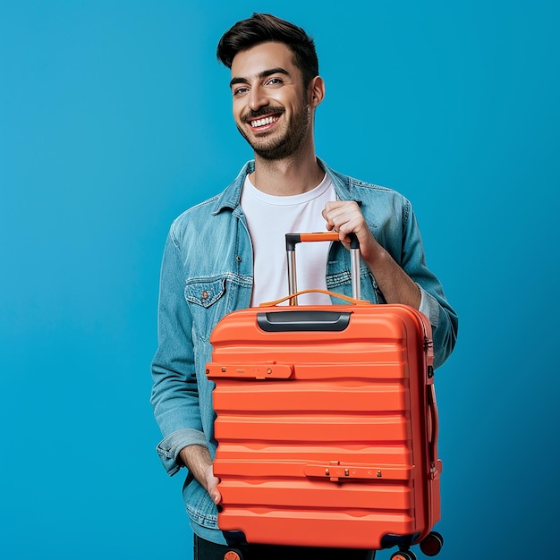 a man holding a red suitcase with a blue background behind him