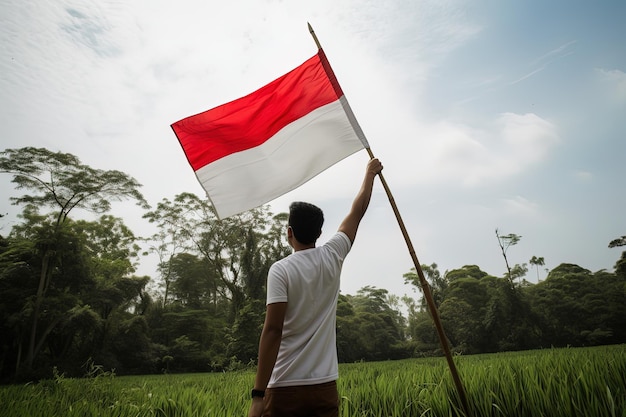 A man holding a red and white Indonesia flag on top of a lush green rice field