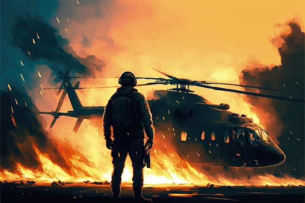 A man holding a rocket launcher amidst a burning helicopter crash Fantasy concept Illustration painting Generative AI