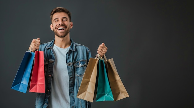 a man holding shopping bags and a black background with a picture of a smiling man holding a red shopping bag