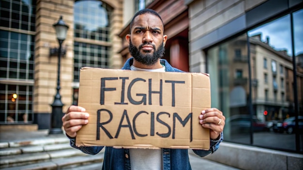 a man holding a sign that says fight fight