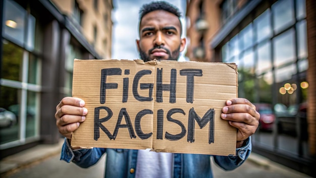 a man holding a sign that says fight on it