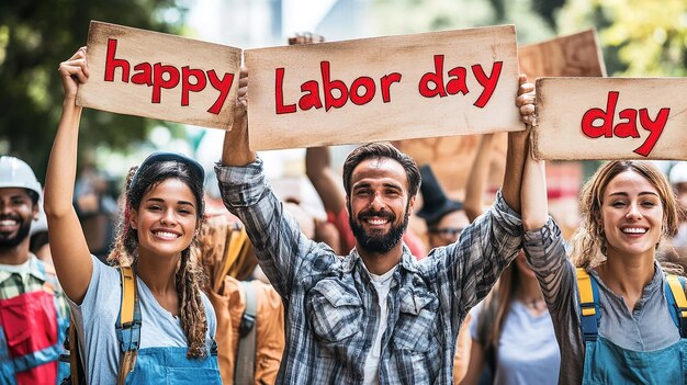 a man holding a sign that says happy day day day day