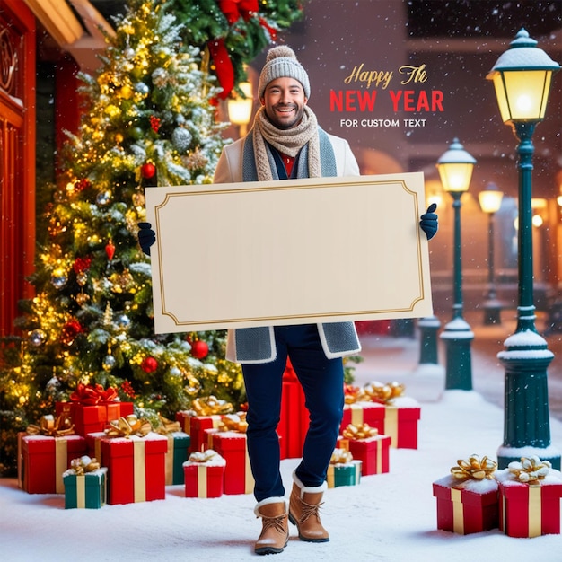 a man holding a sign that says happy new year on it