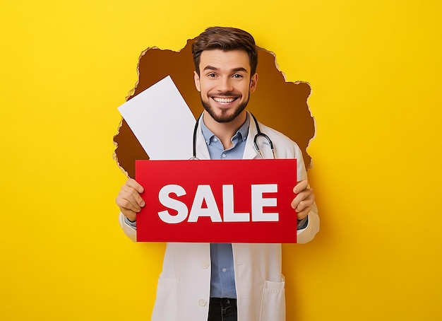 a man holding a sign that says sale on it