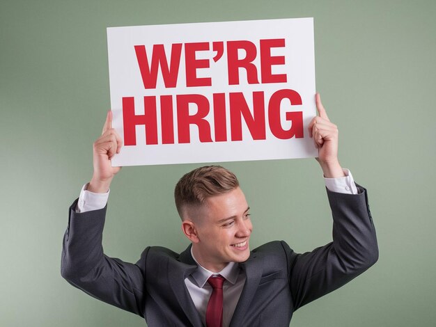 a man holding a sign that says were hiring