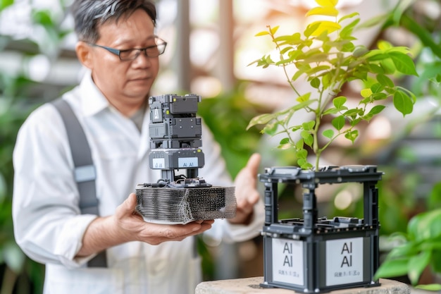 Man holding a small AI robot with a plant symbolizing the harmony between technology and nature in