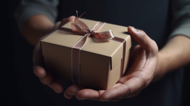 A man holding a small brown box with a ribbon tied around it.