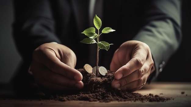 A man holding a small tree with coins in the background