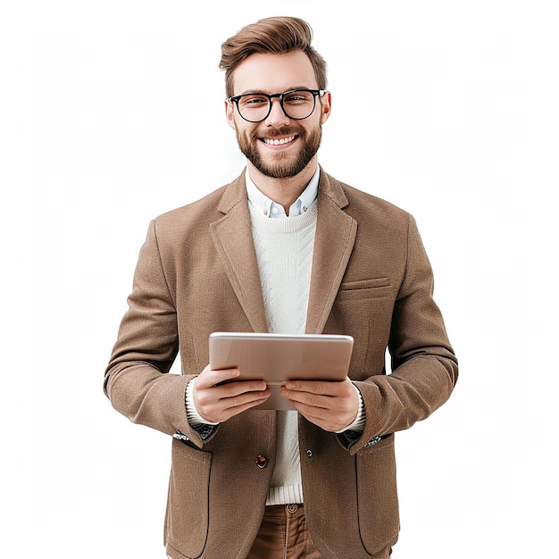 Photo a man holding a smart phone and a white background