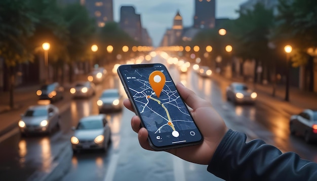 man holding smartphone with gps map icon