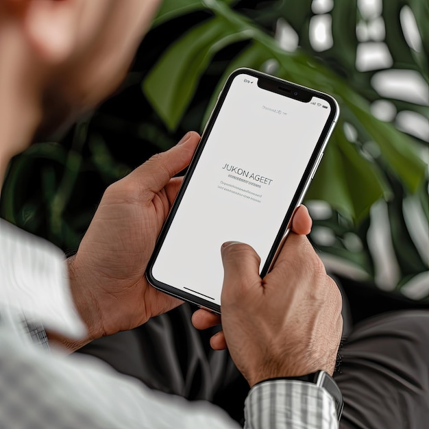 Photo a man holding a smartphone with screen mockup mockup