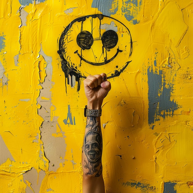 a man holding a smiley face with a smiley face drawn on it