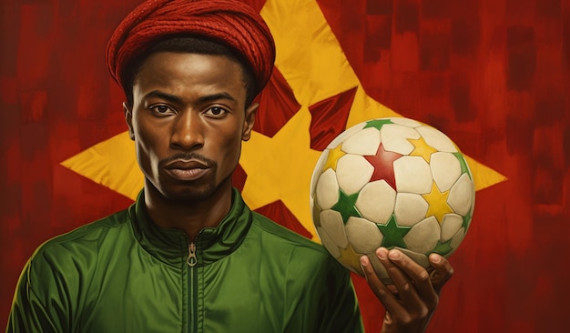 a man holding a soccer ball and a flag of cameroon