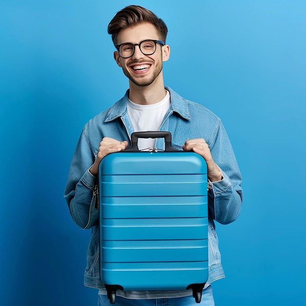 a man holding a suitcase that says quot he is holding it quot