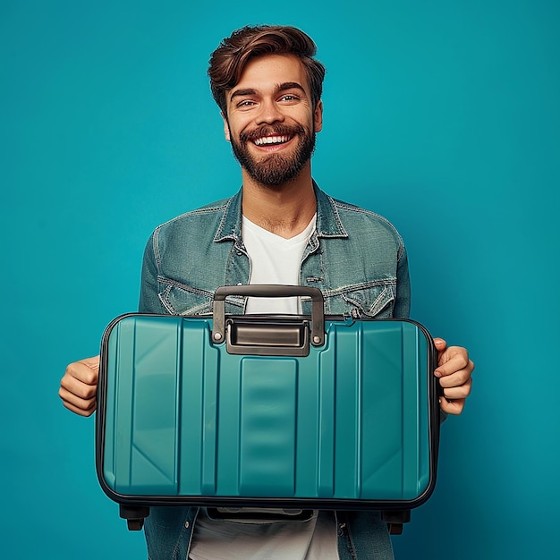 a man holding a suitcase that says quot hes holding it quot